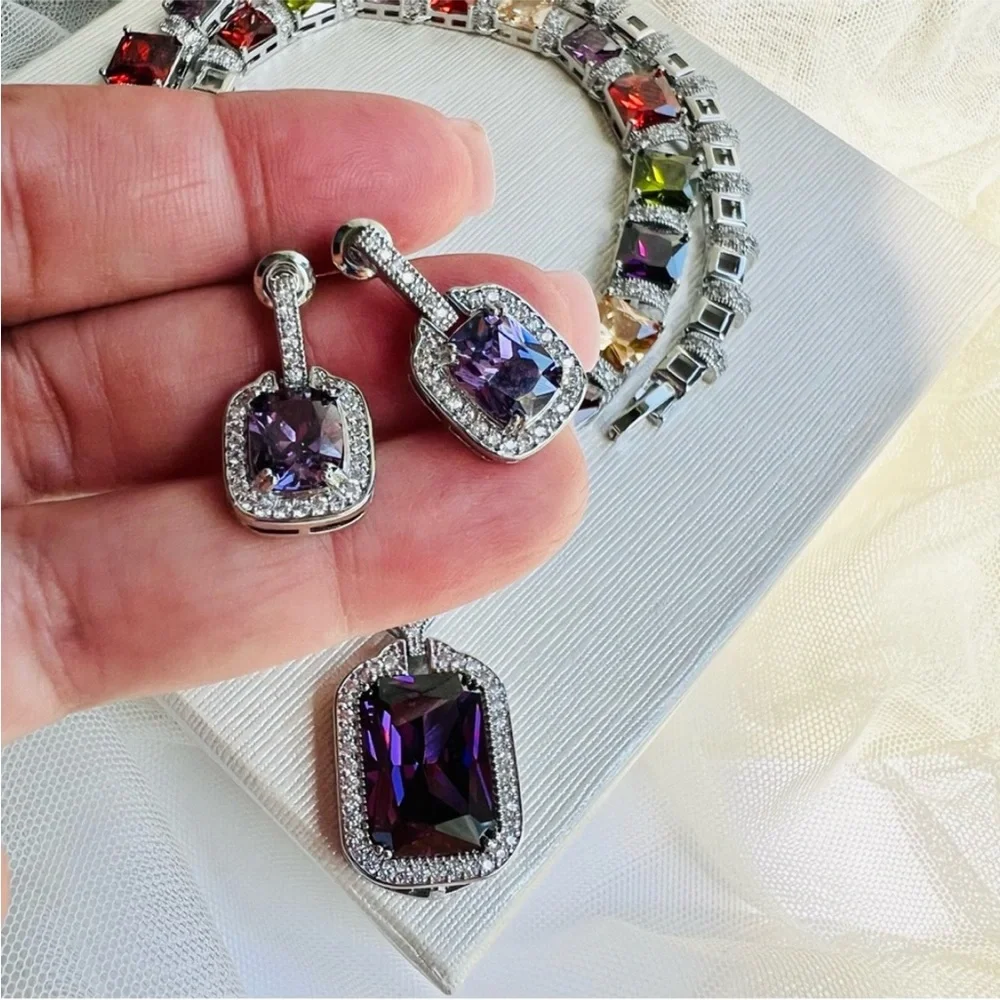Swarovski Elements Amethyst Purple Emerald-cut Halo Earrings NEW - Picture 3 of 14